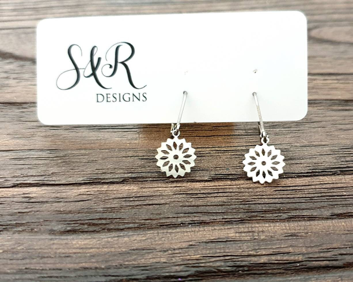 Silver Flower Leverback Earrings, Filigree Flower, Stainless Steel, Choose Hook Earrings, Leverback Earrings or Threaders, Waterproof