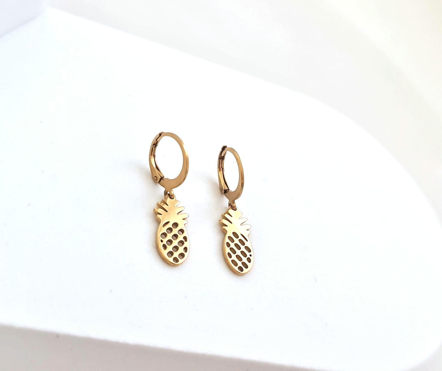 18k Gold Pineapple Earrings, Exotic Tropical Fruit, Gold PVD Stainless Steel Dangle Leverback Earrings. Fruit Lover