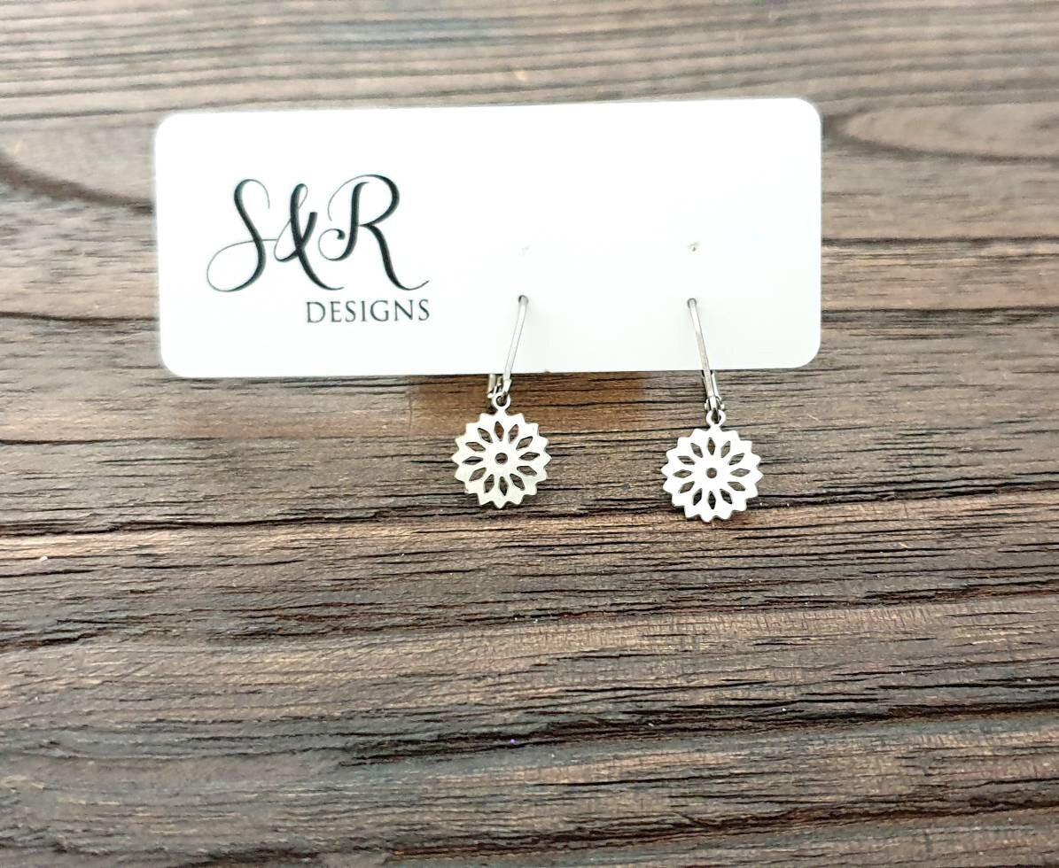 Silver Flower Leverback Earrings, Filigree Flower, Stainless Steel, Choose Hook Earrings, Leverback Earrings or Threaders, Waterproof
