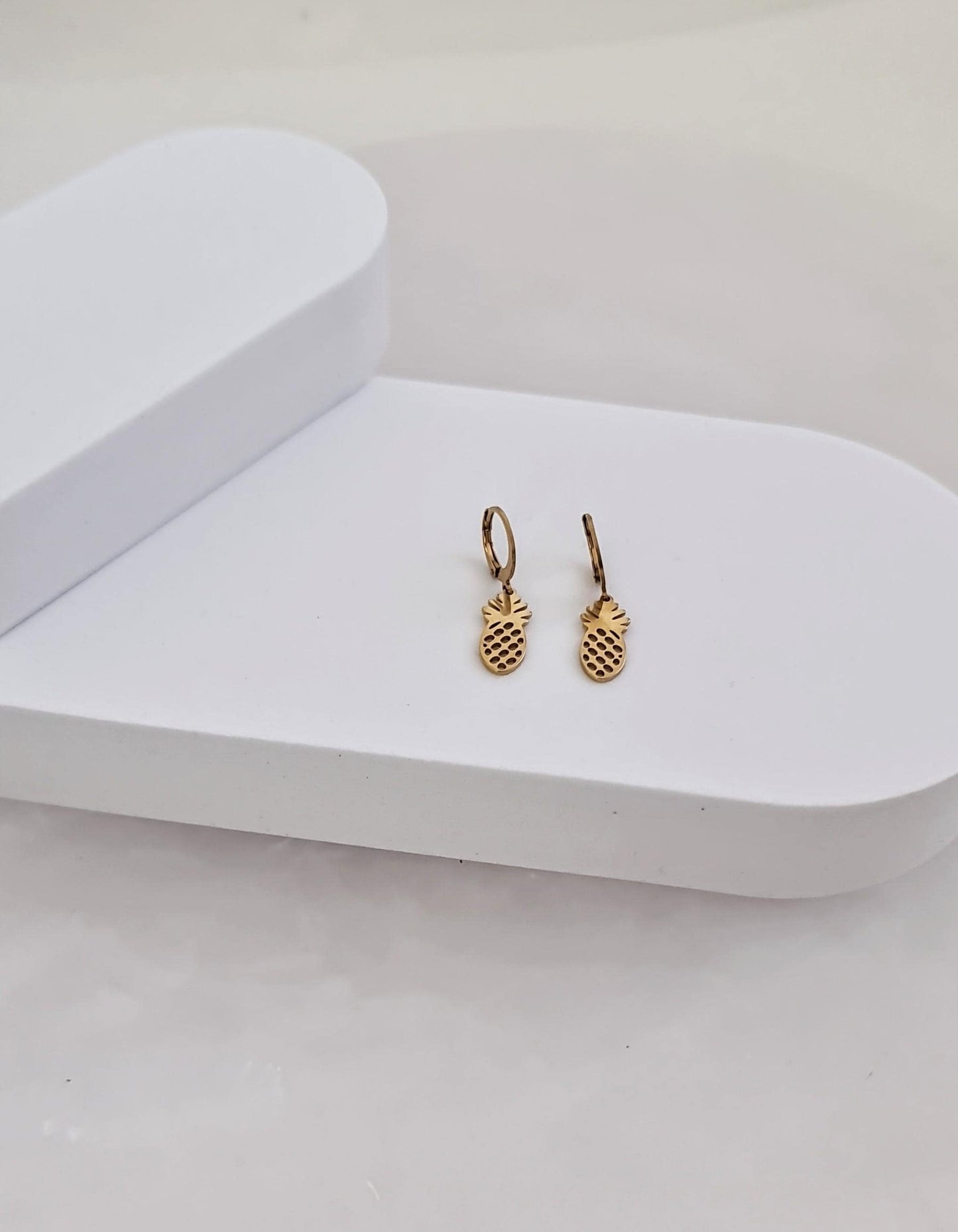 18k Gold Pineapple Earrings, Exotic Tropical Fruit, Gold PVD Stainless Steel Dangle Leverback Earrings. Fruit Lover