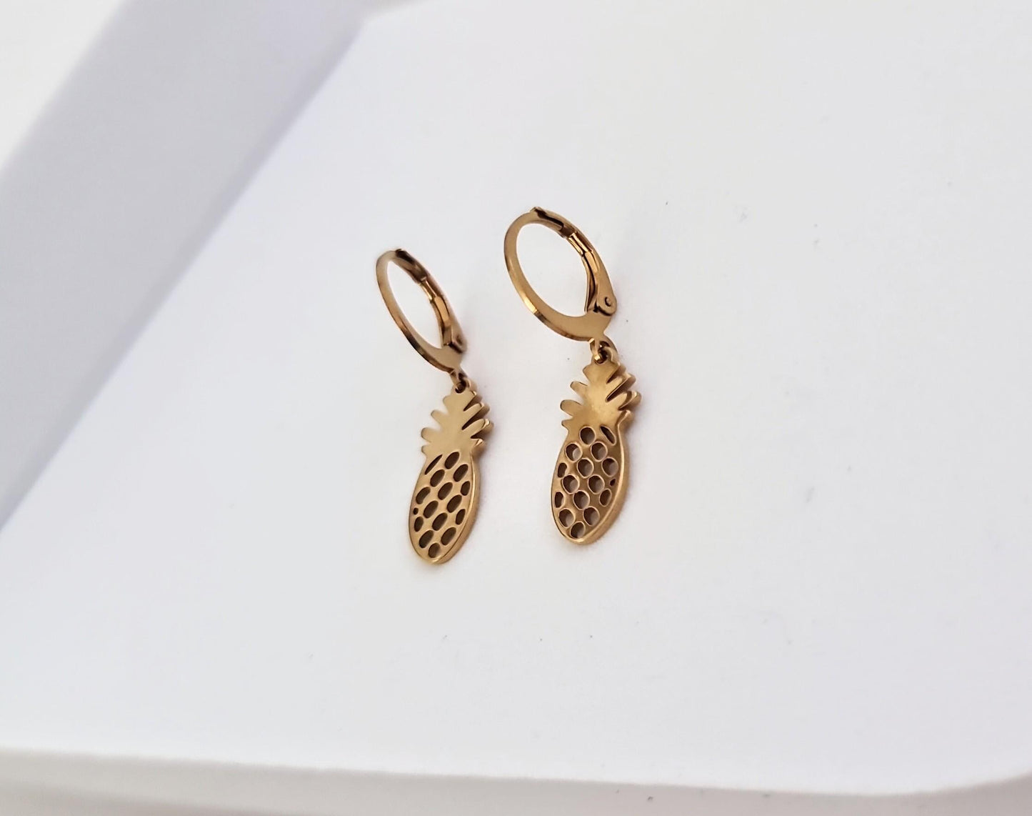 18k Gold Pineapple Earrings, Exotic Tropical Fruit, Gold PVD Stainless Steel Dangle Leverback Earrings. Fruit Lover