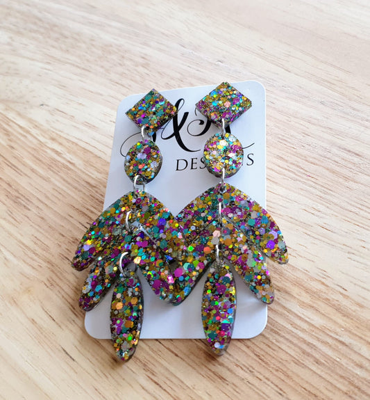 Oversized Leaves Dangle Drop Earrings, Gold Purple Blue Silver Glitter Resin Chandelier Dangles, Statement Earrings with Stainless Steel