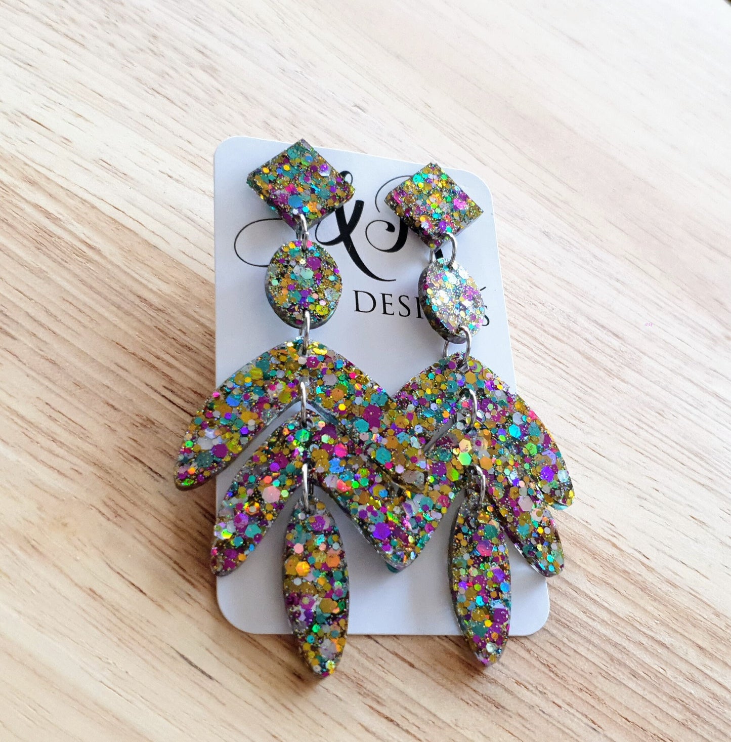 Oversized Leaves Dangle Drop Earrings, Gold Purple Blue Silver Glitter Resin Chandelier Dangles, Statement Earrings with Stainless Steel
