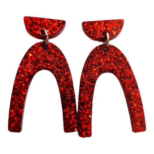 U Shape Dangle Earrings, Red Glitter Earrings, Resin Dangle Earrings, Stainless Steel Earrings, Statement Earrings