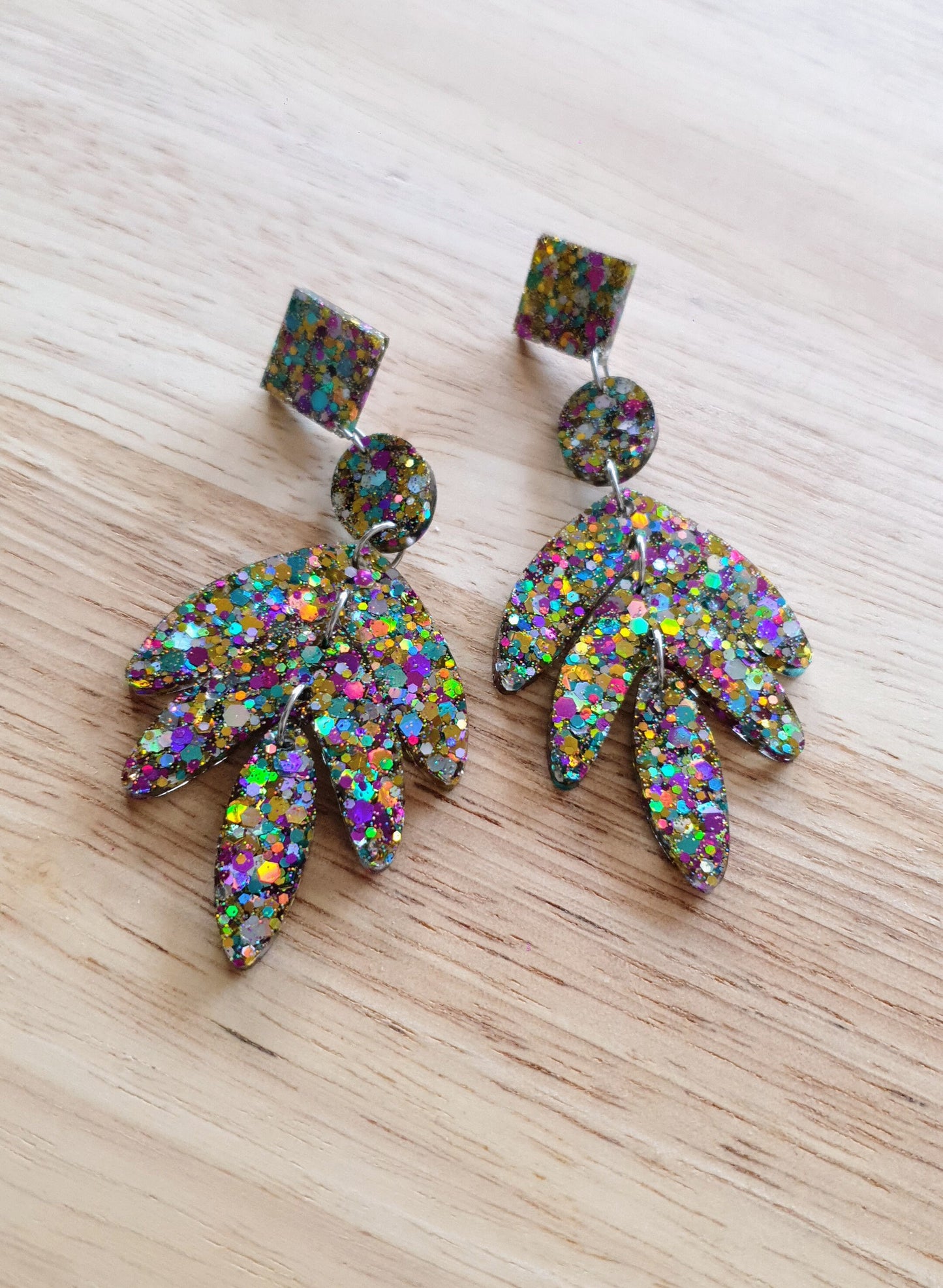 Oversized Leaves Dangle Drop Earrings, Gold Purple Blue Silver Glitter Resin Chandelier Dangles, Statement Earrings with Stainless Steel
