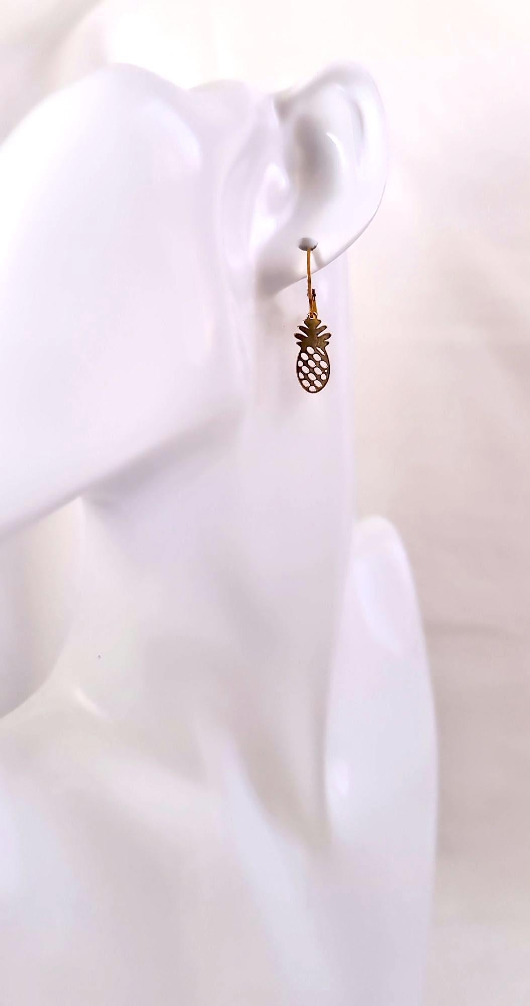 18k Gold Pineapple Earrings, Exotic Tropical Fruit, Gold PVD Stainless Steel Dangle Leverback Earrings. Fruit Lover