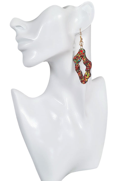 Gold Statement Drop Earrings, Wavy Liquid Shape Dangles, Gold and Red Holographic Mix Glitter, Wave Handmade Resin Earrings