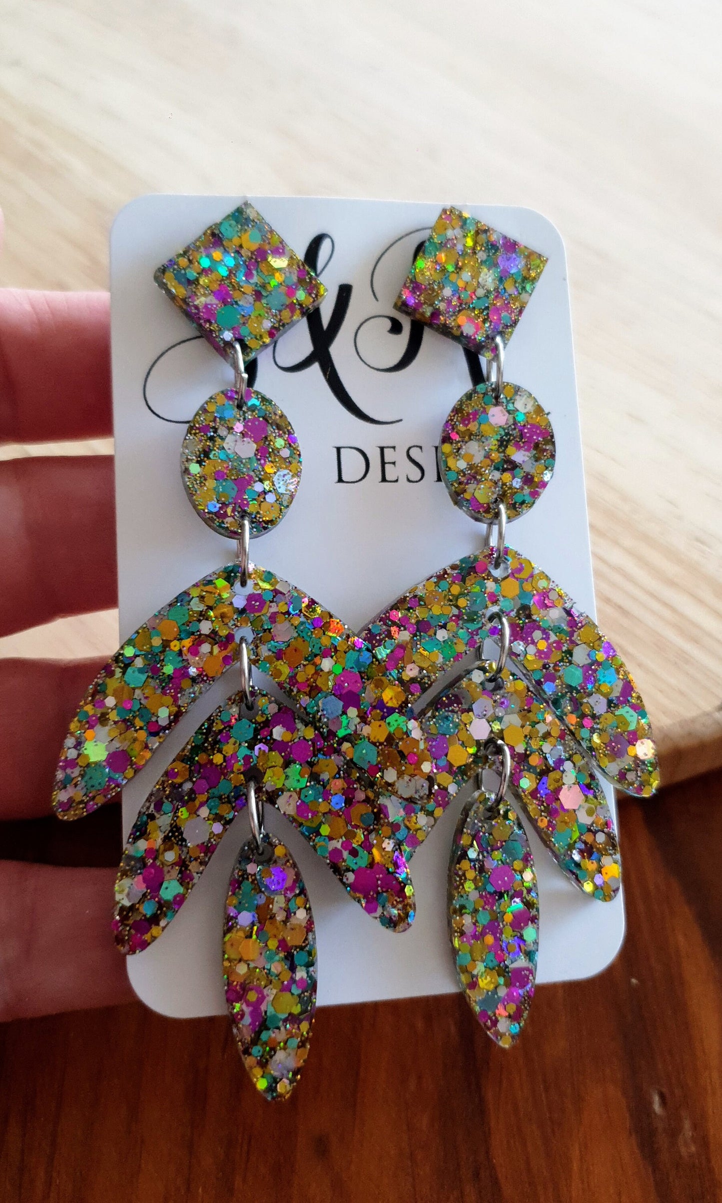 Oversized Leaves Dangle Drop Earrings, Gold Purple Blue Silver Glitter Resin Chandelier Dangles, Statement Earrings with Stainless Steel