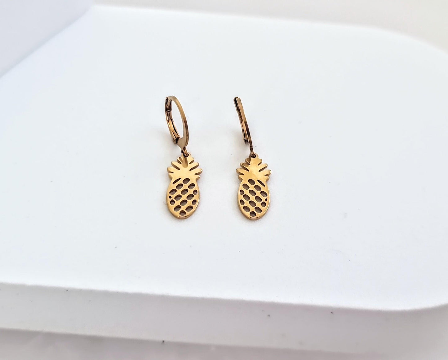18k Gold Pineapple Earrings, Exotic Tropical Fruit, Gold PVD Stainless Steel Dangle Leverback Earrings. Fruit Lover