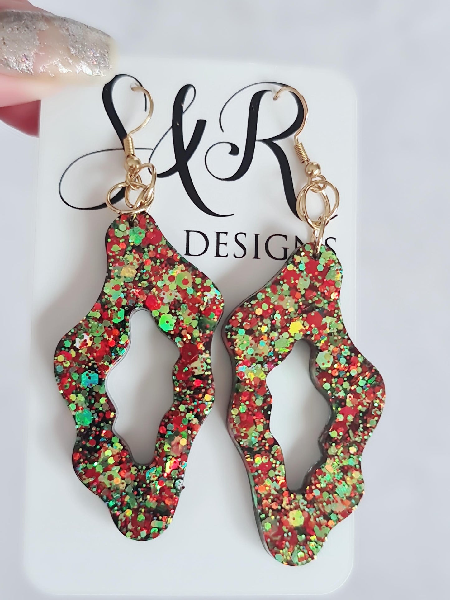 Gold Statement Drop Earrings, Wavy Liquid Shape Dangles, Gold and Red Holographic Mix Glitter, Wave Handmade Resin Earrings