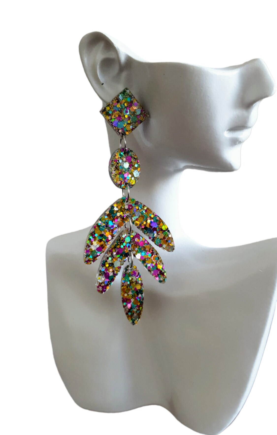 Oversized Leaves Dangle Drop Earrings, Gold Purple Blue Silver Glitter Resin Chandelier Dangles, Statement Earrings with Stainless Steel
