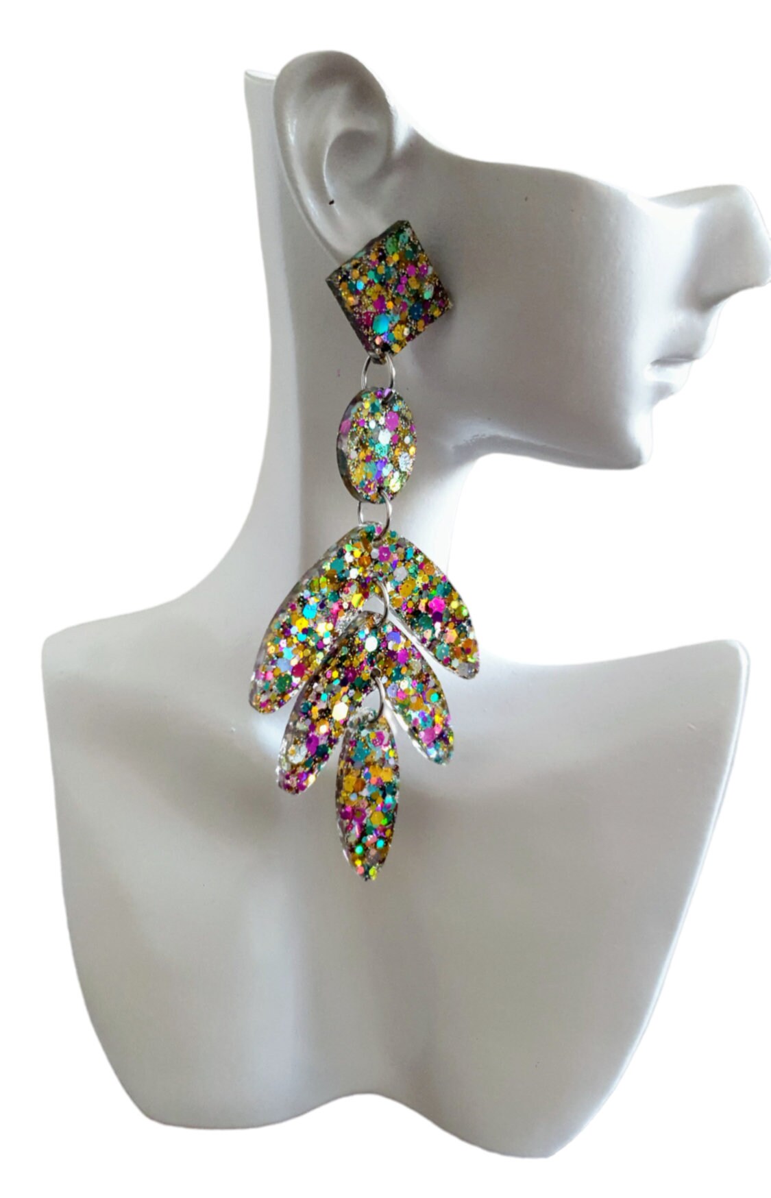 Oversized Leaves Dangle Drop Earrings, Gold Purple Blue Silver Glitter Resin Chandelier Dangles, Statement Earrings with Stainless Steel