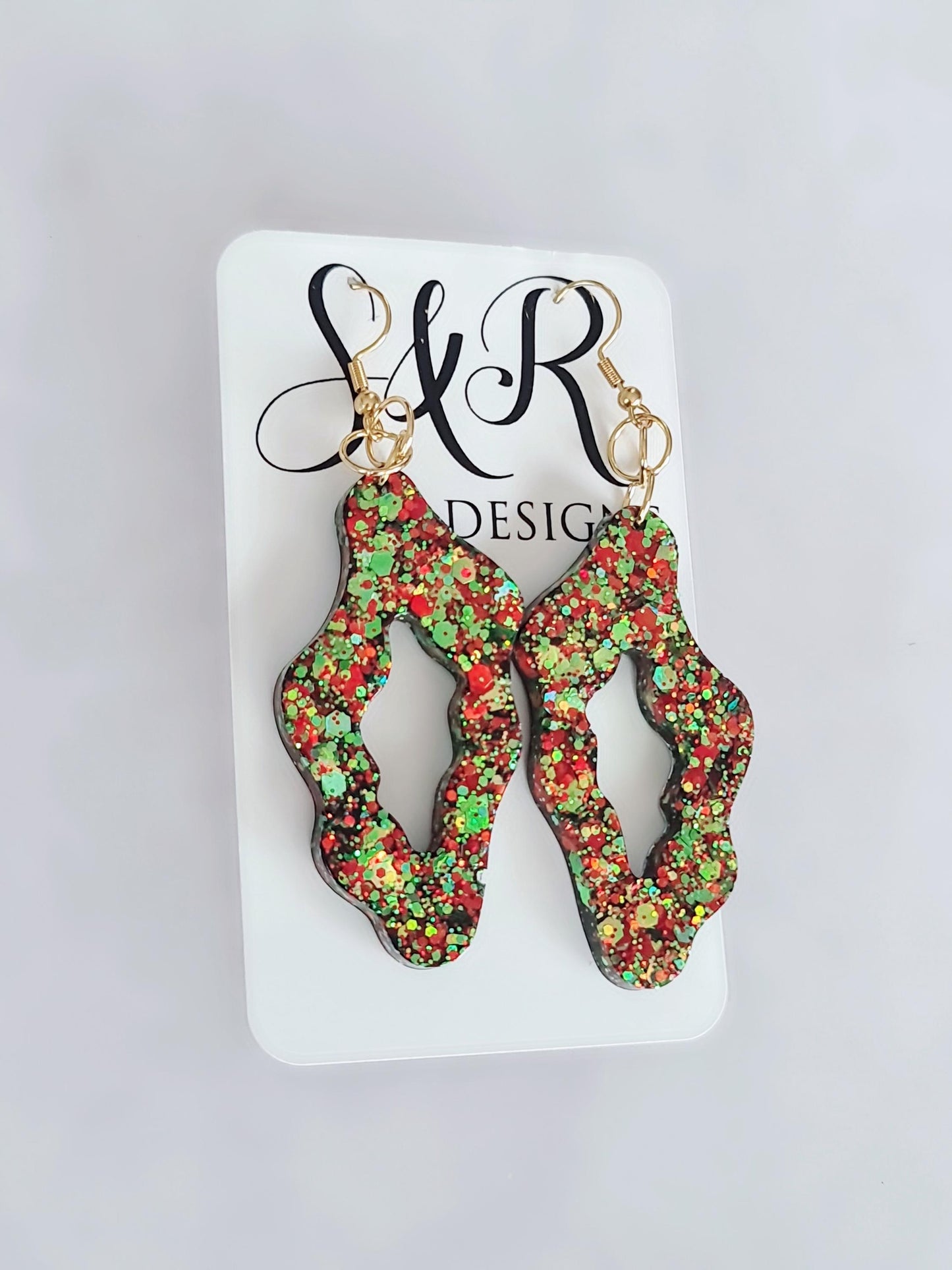 Gold Statement Drop Earrings, Wavy Liquid Shape Dangles, Gold and Red Holographic Mix Glitter, Wave Handmade Resin Earrings
