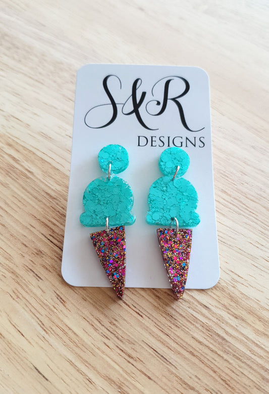 Mint Ice Cream Dangle Earrings, Mint with Multicoloured Glitter Ice Cream Earrings, Statement Food Earrings
