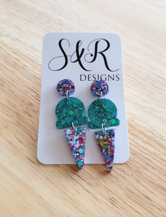 Multicoloured Glitter Ice Cream Dangle Earrings, Teal, Pink, Blue and White Purple Aqua Glitter Ice Cream Earrings, Statement Food Earrings