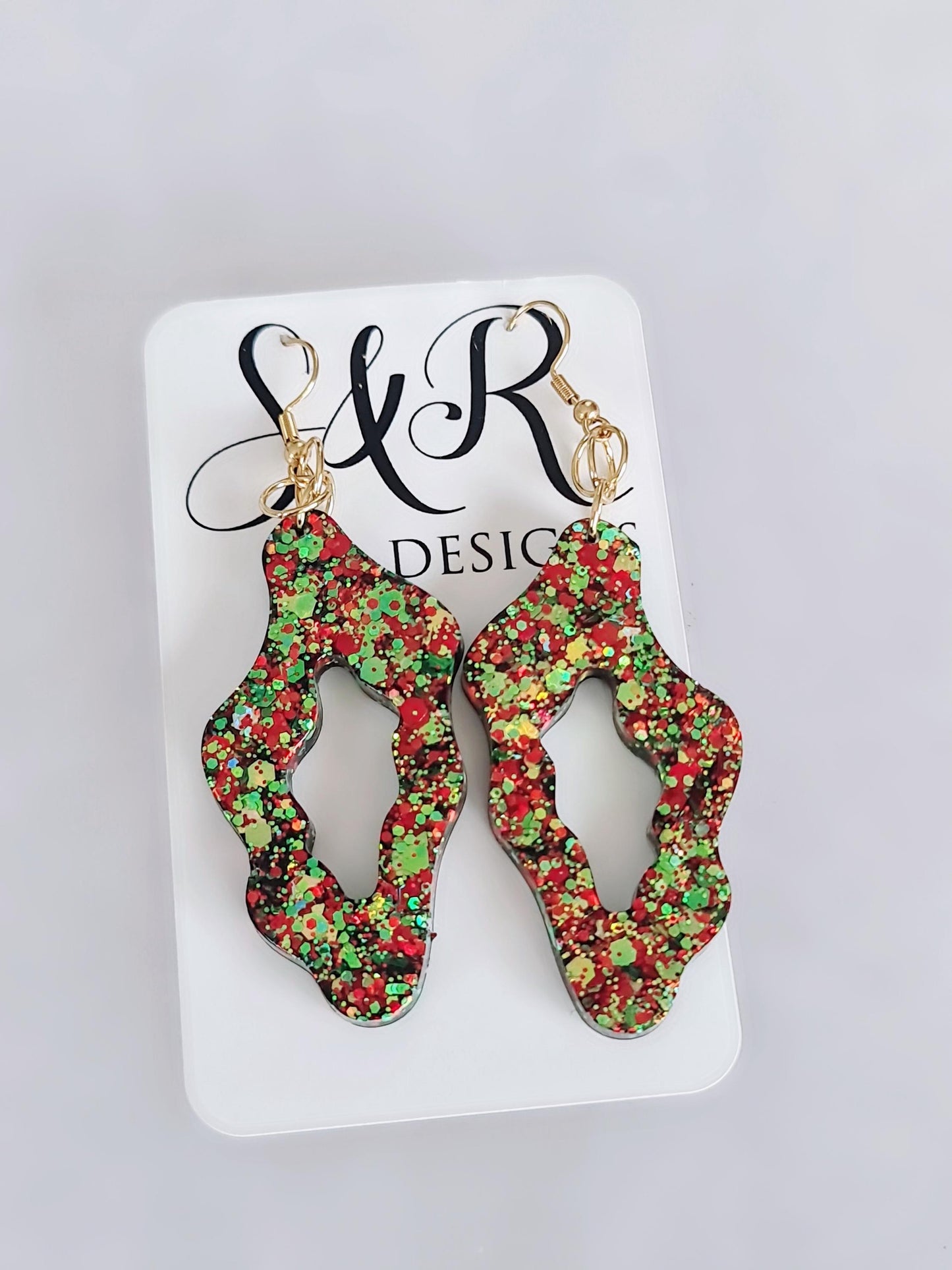 Gold Statement Drop Earrings, Wavy Liquid Shape Dangles, Gold and Red Holographic Mix Glitter, Wave Handmade Resin Earrings