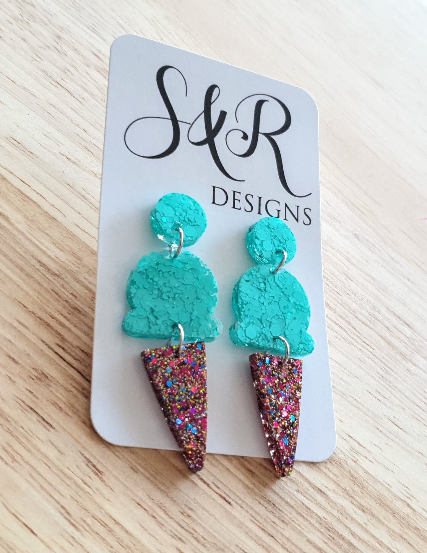 Mint Ice Cream Dangle Earrings, Mint with Multicoloured Glitter Ice Cream Earrings, Statement Food Earrings