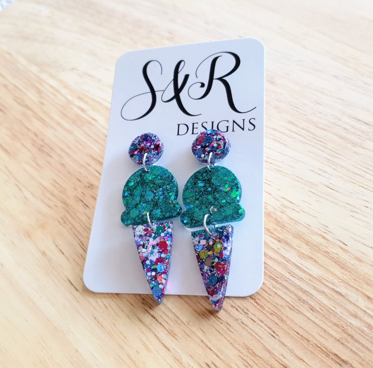 Multicoloured Glitter Ice Cream Dangle Earrings, Teal, Pink, Blue and White Purple Aqua Glitter Ice Cream Earrings, Statement Food Earrings