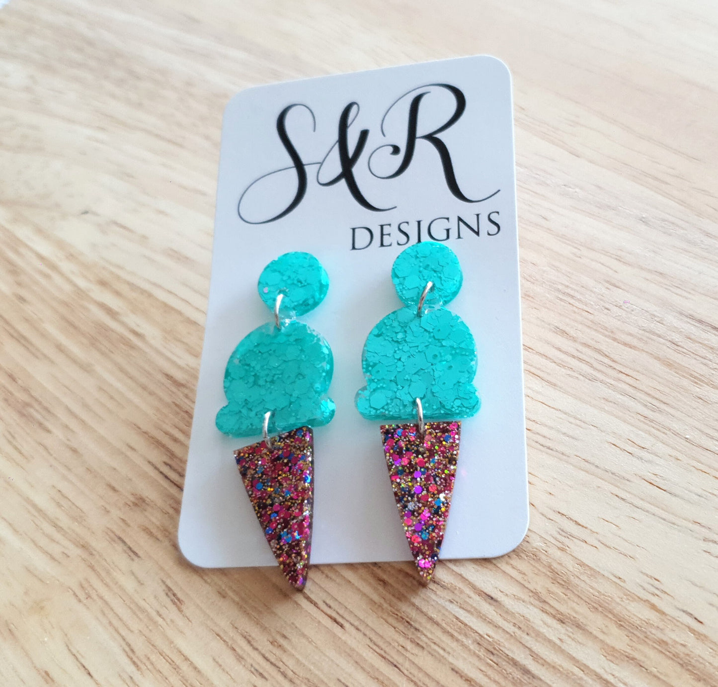 Mint Ice Cream Dangle Earrings, Mint with Multicoloured Glitter Ice Cream Earrings, Statement Food Earrings