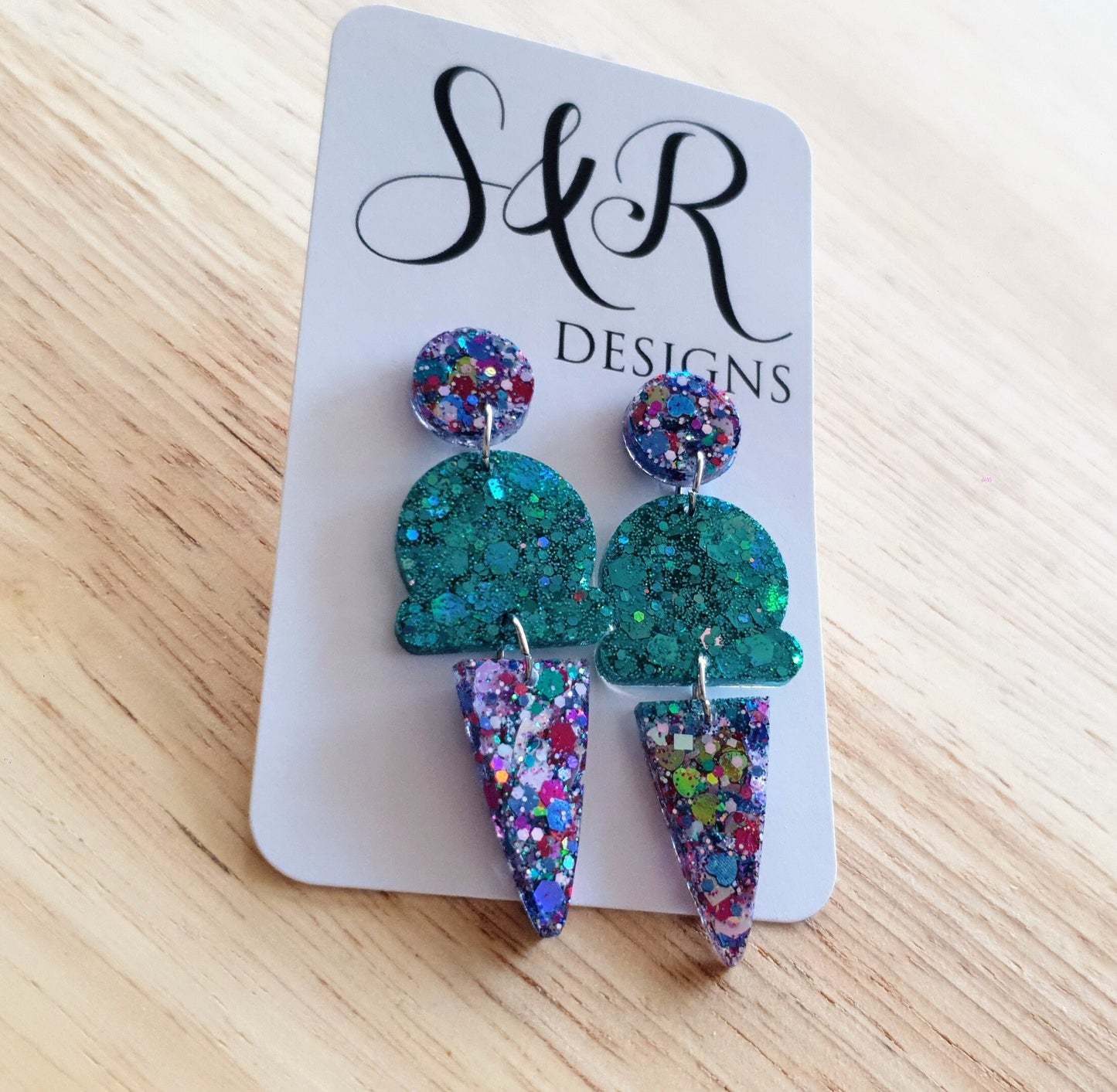 Multicoloured Glitter Ice Cream Dangle Earrings, Teal, Pink, Blue and White Purple Aqua Glitter Ice Cream Earrings, Statement Food Earrings