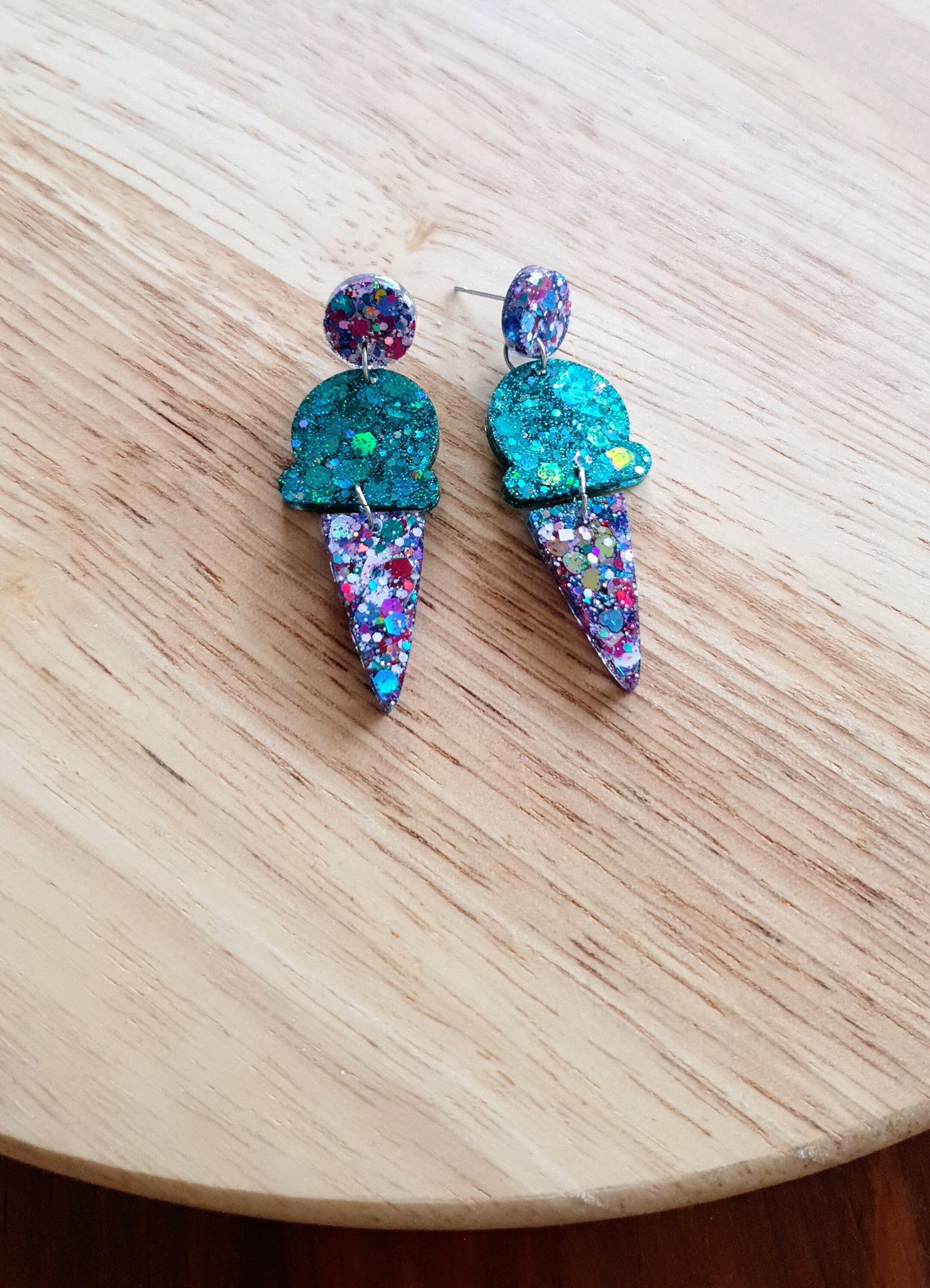 Multicoloured Glitter Ice Cream Dangle Earrings, Teal, Pink, Blue and White Purple Aqua Glitter Ice Cream Earrings, Statement Food Earrings