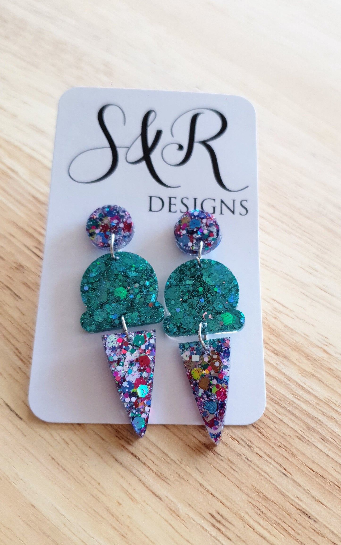 Multicoloured Glitter Ice Cream Dangle Earrings, Teal, Pink, Blue and White Purple Aqua Glitter Ice Cream Earrings, Statement Food Earrings