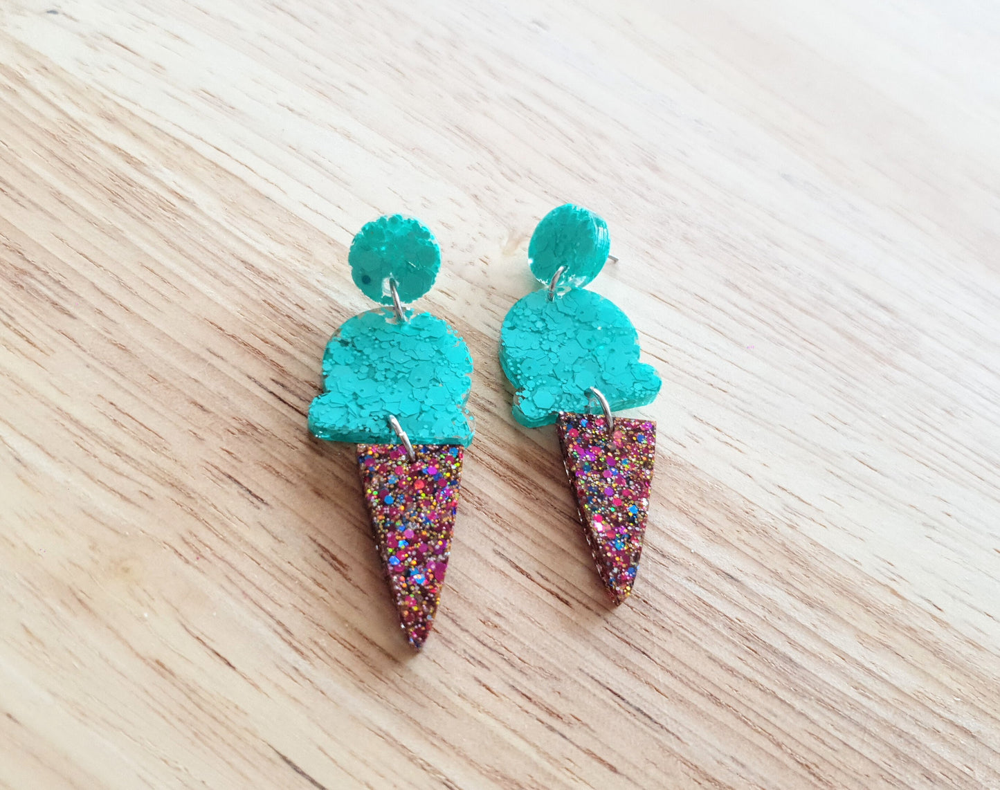 Mint Ice Cream Dangle Earrings, Mint with Multicoloured Glitter Ice Cream Earrings, Statement Food Earrings