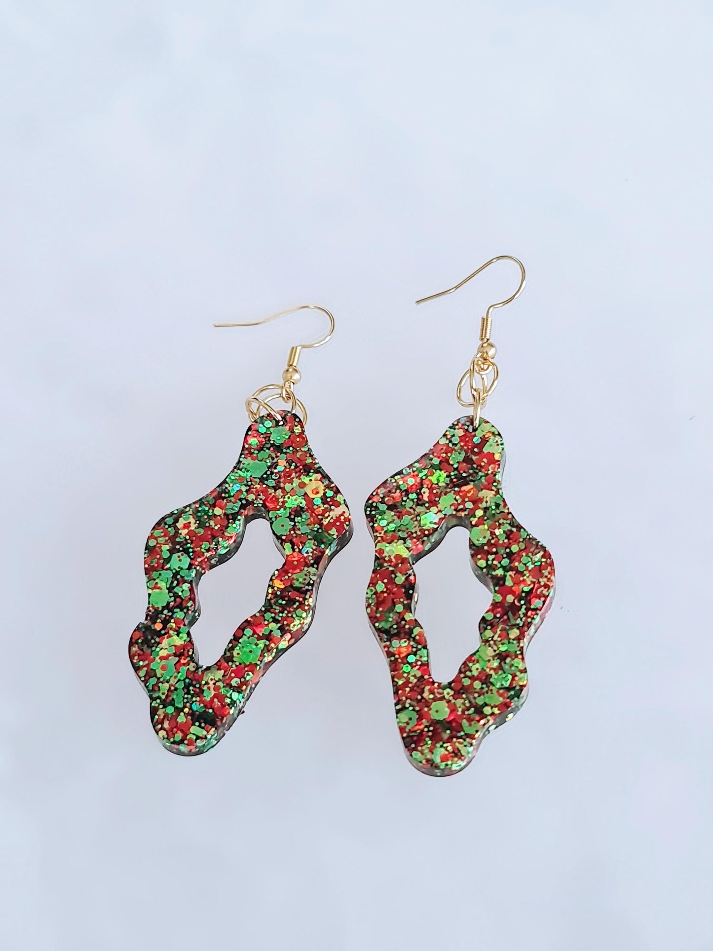 Gold Statement Drop Earrings, Wavy Liquid Shape Dangles, Gold and Red Holographic Mix Glitter, Wave Handmade Resin Earrings