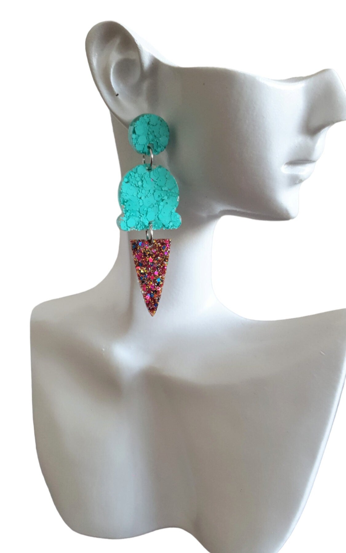 Mint Ice Cream Dangle Earrings, Mint with Multicoloured Glitter Ice Cream Earrings, Statement Food Earrings