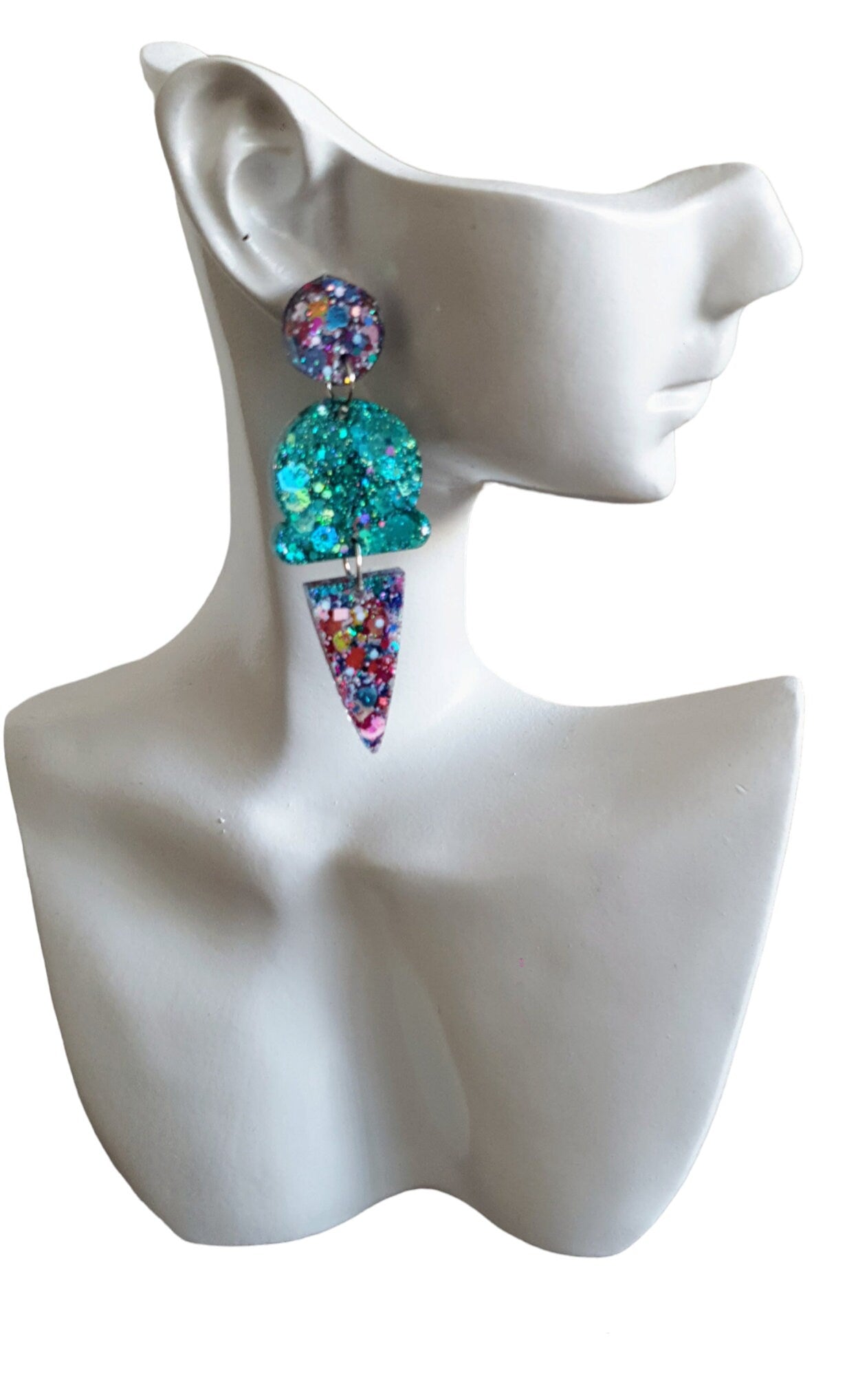 Multicoloured Glitter Ice Cream Dangle Earrings, Teal, Pink, Blue and White Purple Aqua Glitter Ice Cream Earrings, Statement Food Earrings