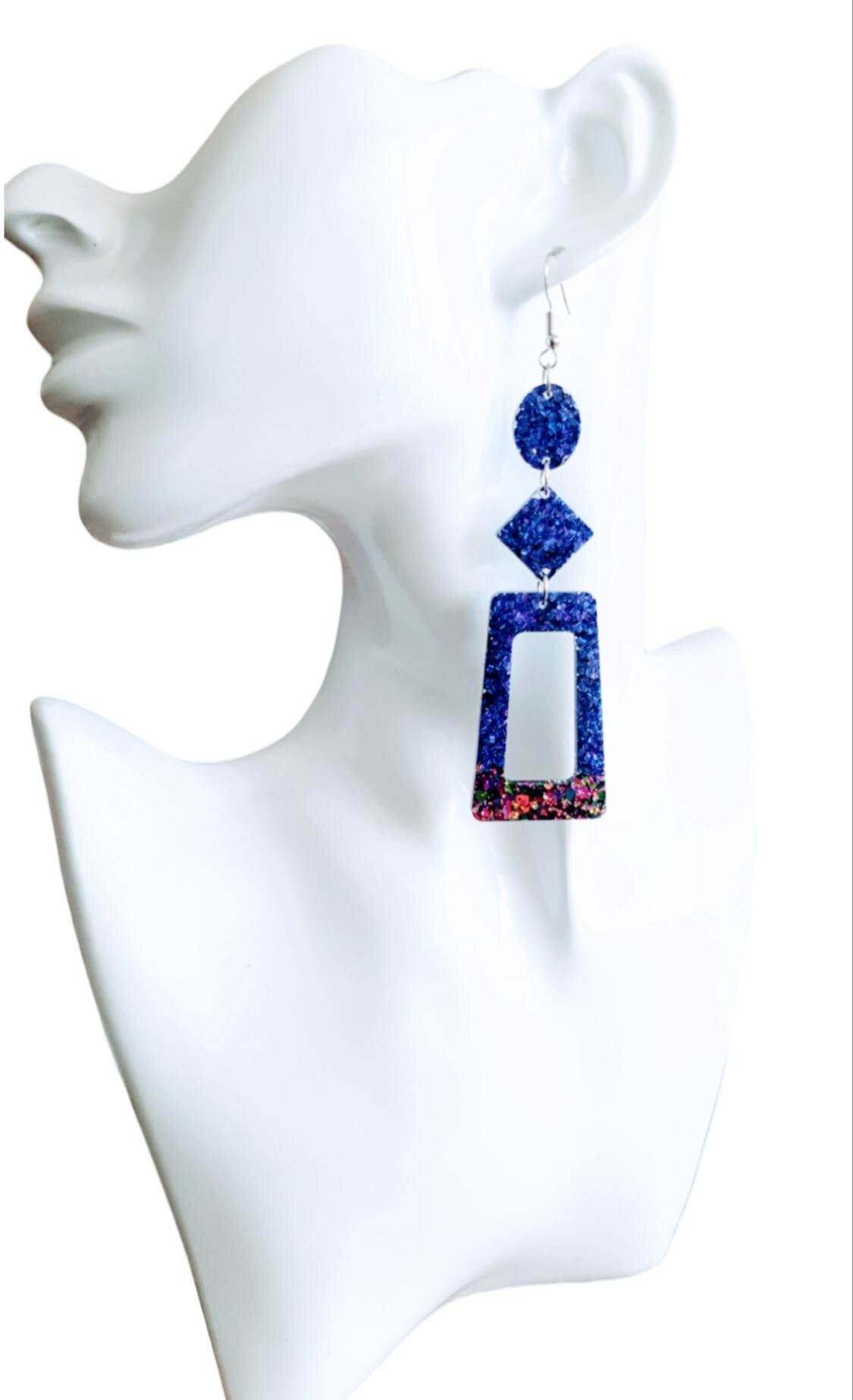 Vivid Purple Rectangle Long Dangle Earrings, Statement Purple with Chameleon Changing Glitter Handmade, Extra Long Dangle Earrings, 10.5cm