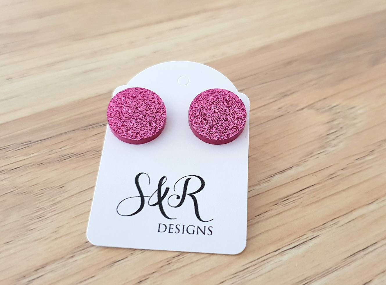 Rose Pink Glitter Stud Earrings, Acrylic Earrings, Stainless Steel Earrings.