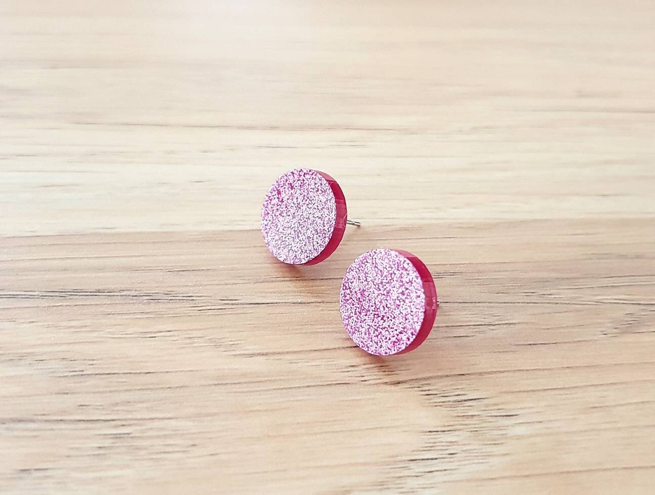 Rose Pink Glitter Stud Earrings, Acrylic Earrings, Stainless Steel Earrings.