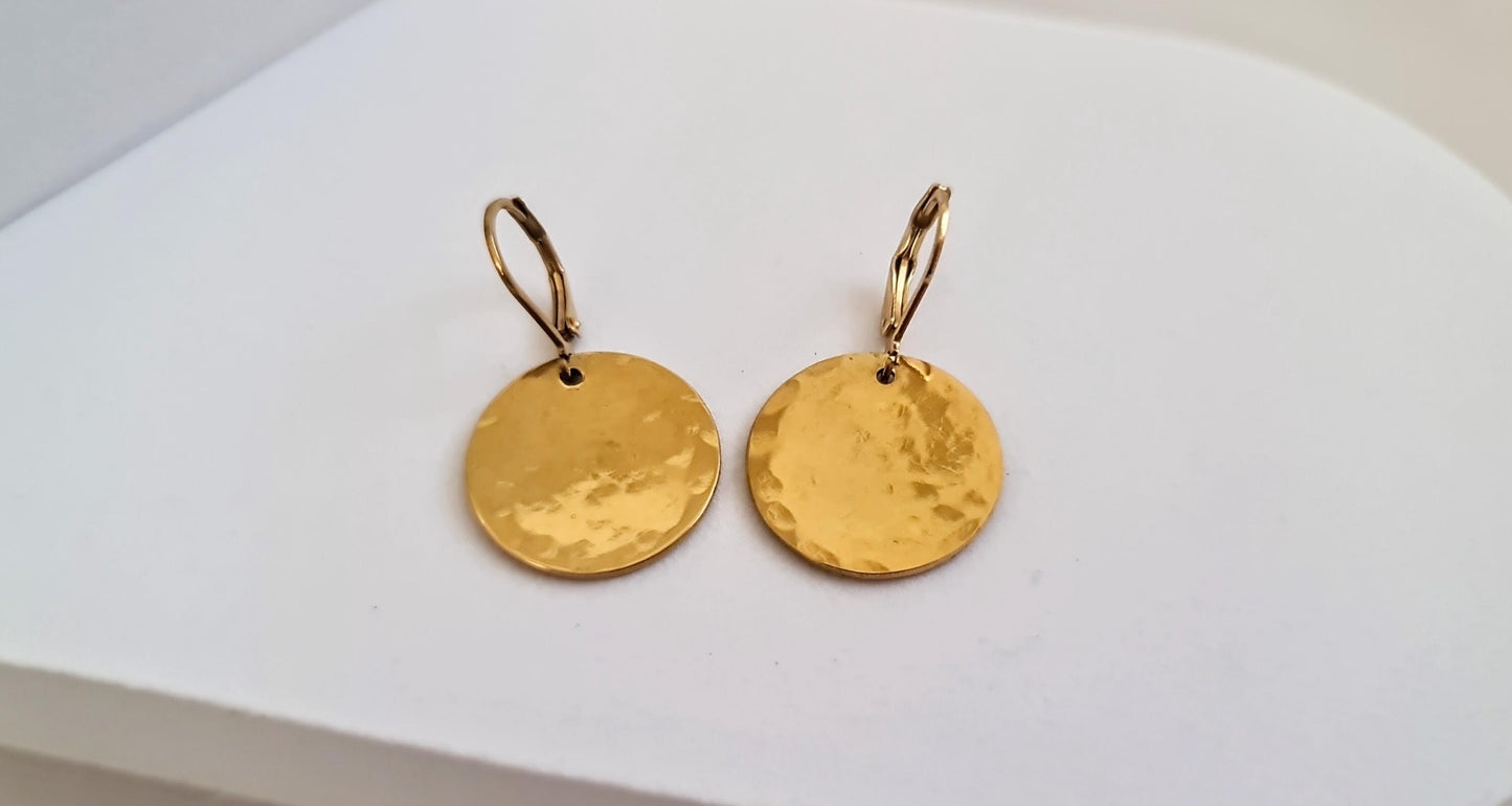Gold Hammered Circle Disc Large Leverback Earrings, 20mm Coin Disc, Stainless Steel Dangle Leverback, Hoops or Hooks, Can be Personalised