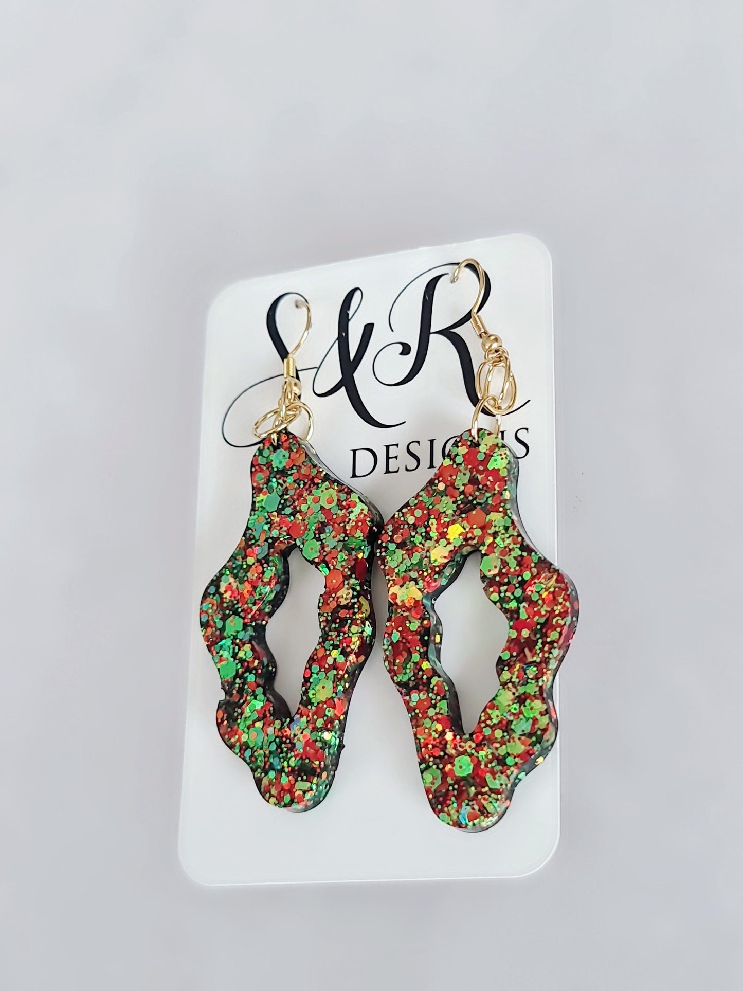 Gold Statement Drop Earrings, Wavy Liquid Shape Dangles, Gold and Red Holographic Mix Glitter, Wave Handmade Resin Earrings