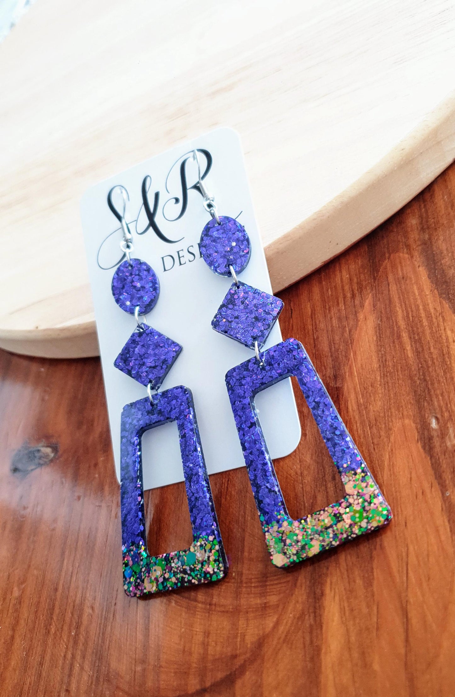 Vivid Purple Rectangle Long Dangle Earrings, Statement Purple with Chameleon Changing Glitter Handmade, Extra Long Dangle Earrings, 10.5cm