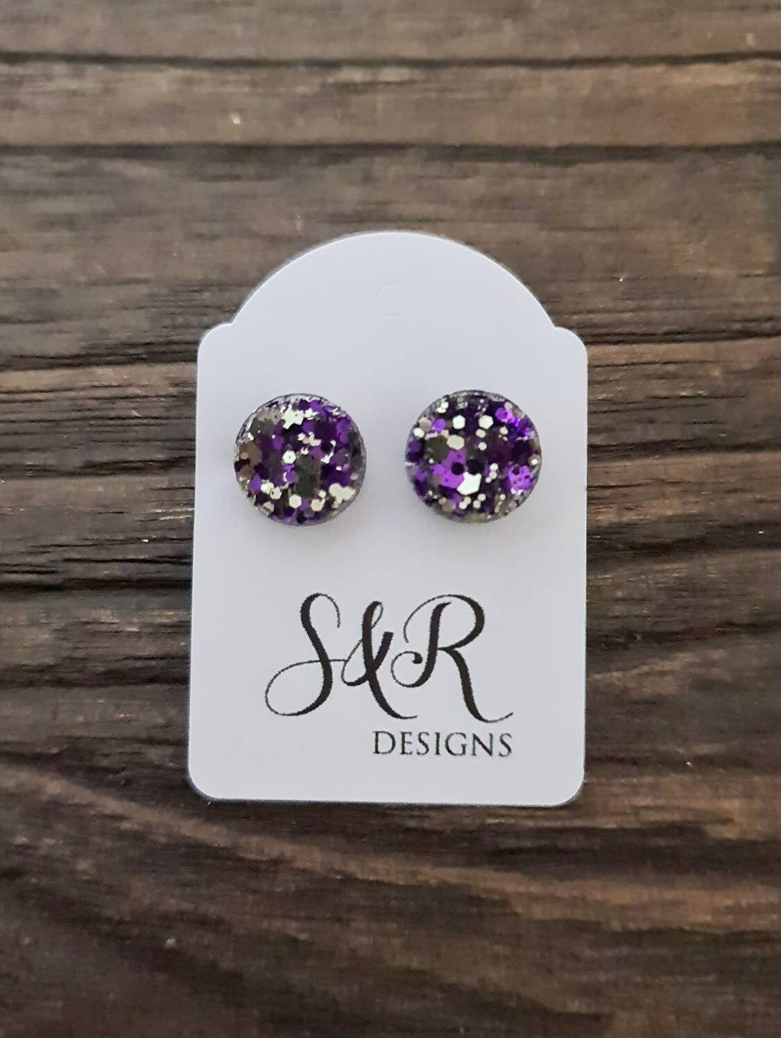 Circle Dot Resin Stud Earrings, Purple Silver Glitter Earrings. Stainless Steel Stud Earrings. 15mm, 12mm, 10mm or 8mm