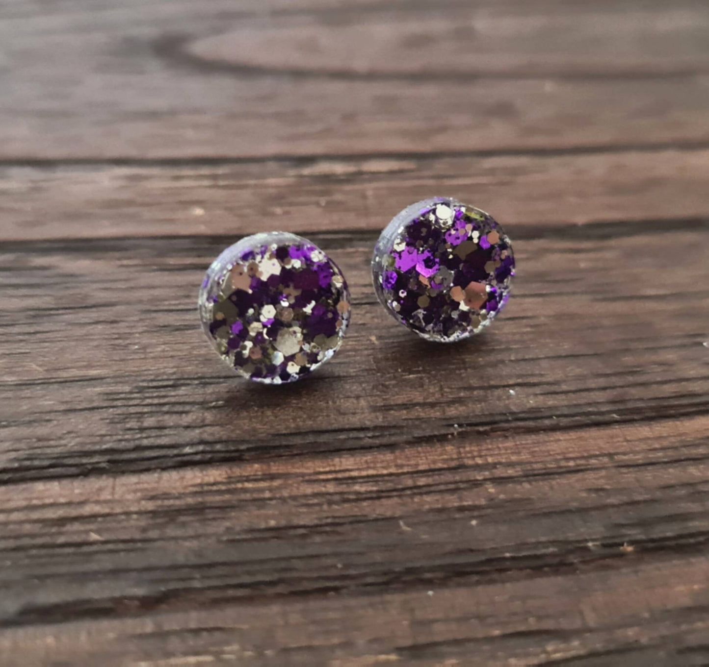 Circle Dot Resin Stud Earrings, Purple Silver Glitter Earrings. Stainless Steel Stud Earrings. 15mm, 12mm, 10mm or 8mm
