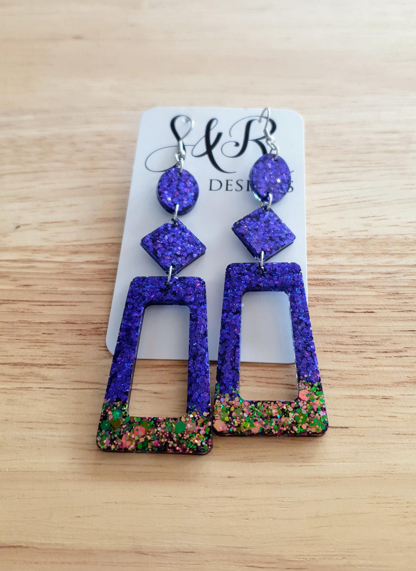 Vivid Purple Rectangle Long Dangle Earrings, Statement Purple with Chameleon Changing Glitter Handmade, Extra Long Dangle Earrings, 10.5cm