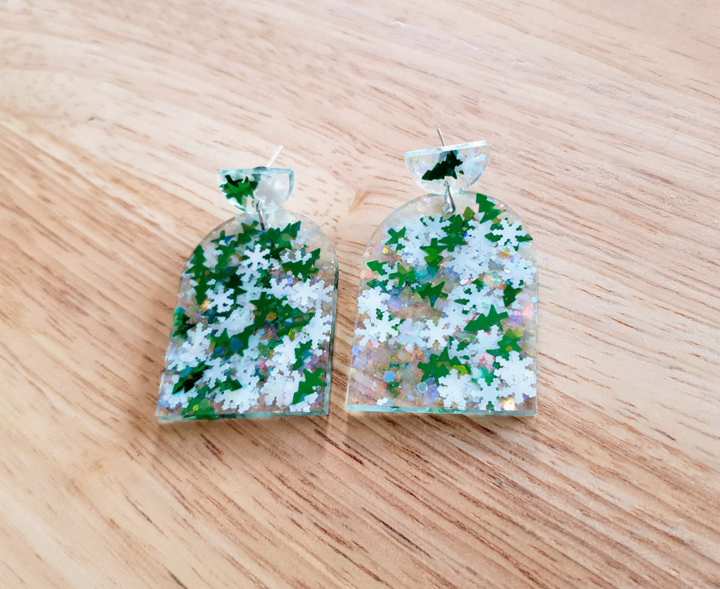 Green Trees and Snowflakes Glitter Arch Earrings, Metalic Green Holographic White Glitter Handmade Resin Dangles, Statement Christmas Gift