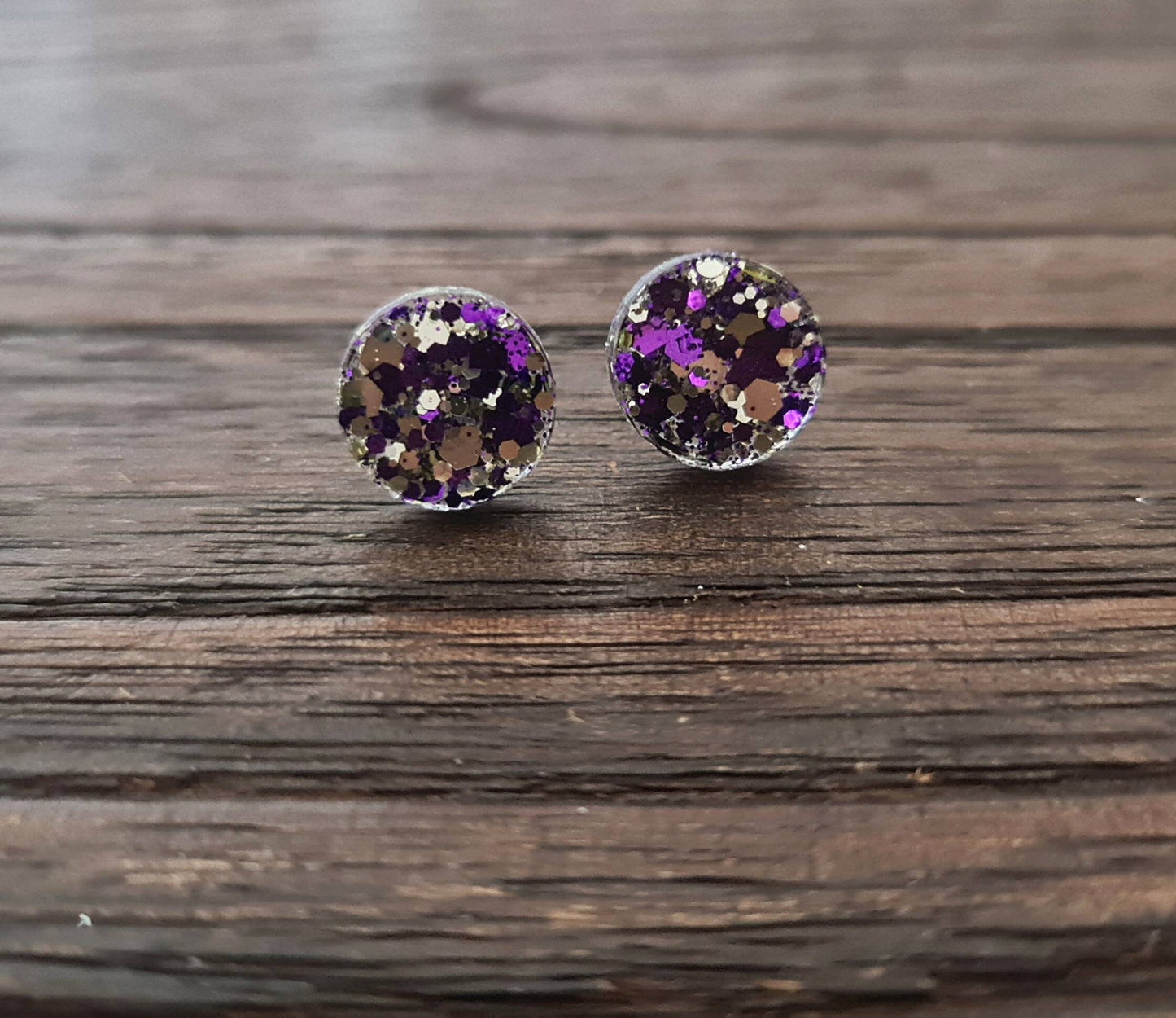 Circle Dot Resin Stud Earrings, Purple Silver Glitter Earrings. Stainless Steel Stud Earrings. 15mm, 12mm, 10mm or 8mm