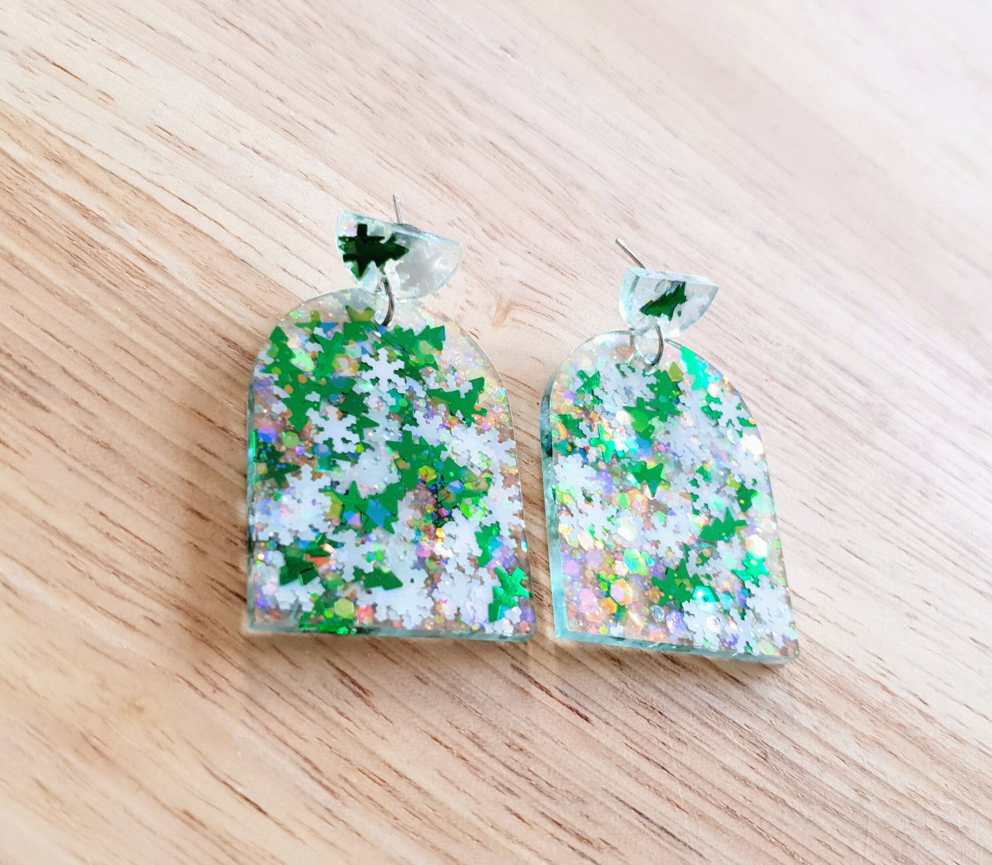 Green Trees and Snowflakes Glitter Arch Earrings, Metalic Green Holographic White Glitter Handmade Resin Dangles, Statement Christmas Gift