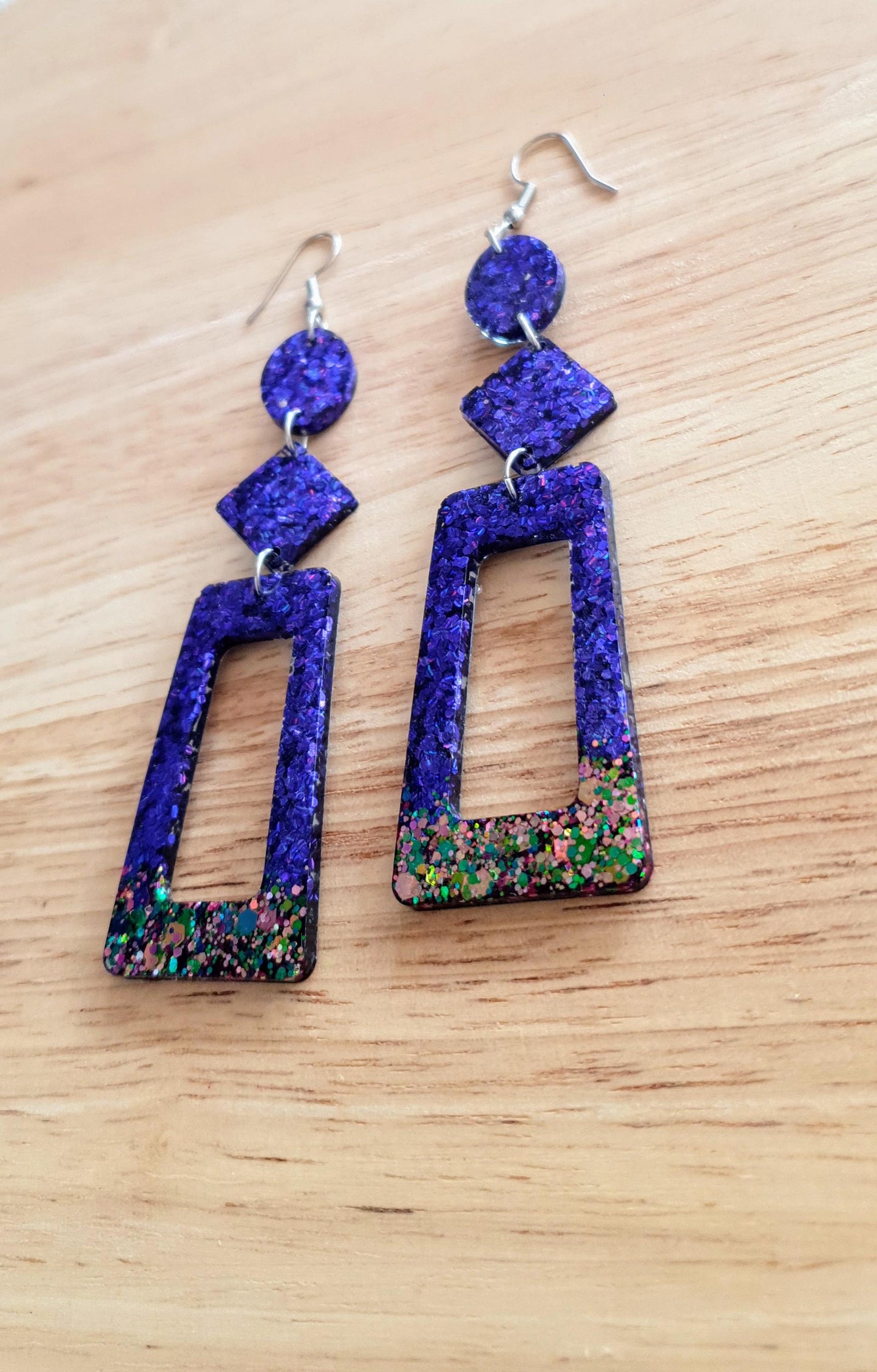 Vivid Purple Rectangle Long Dangle Earrings, Statement Purple with Chameleon Changing Glitter Handmade, Extra Long Dangle Earrings, 10.5cm