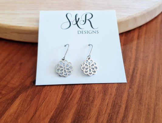 Silver Filigree Flower Earrings, Stainless Steel, Choose Leverback or Hook Earrings.