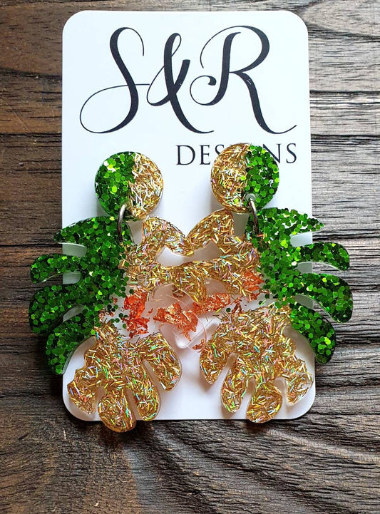 Large Monstera Leaf Long Dangle Earrings, Green, Gold Glitter Rosegold Leaf Dangle, Statement Resin Earrings, Stainless Steel