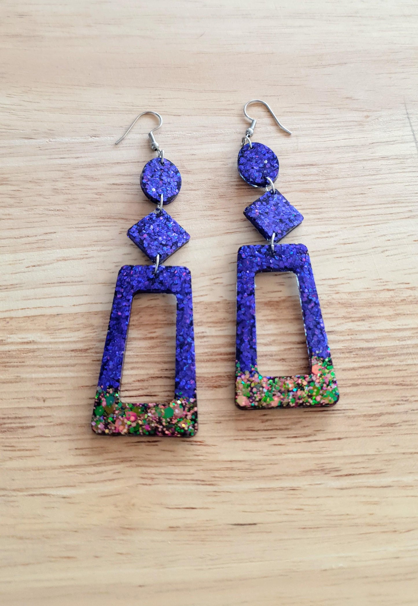 Vivid Purple Rectangle Long Dangle Earrings, Statement Purple with Chameleon Changing Glitter Handmade, Extra Long Dangle Earrings, 10.5cm