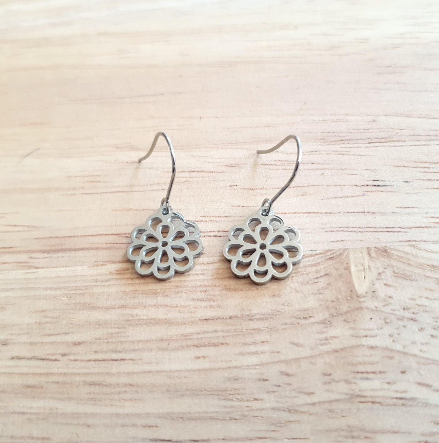 Silver Filigree Flower Earrings, Stainless Steel, Choose Leverback or Hook Earrings.