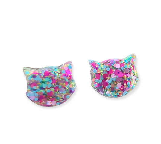 Cat Earrings, Cat Resin Stud Earrings, Hot Pink, Pastel Pink, Blue, Purple, White Earrings, Cat Glitter Earrings made with Stainless Steel.