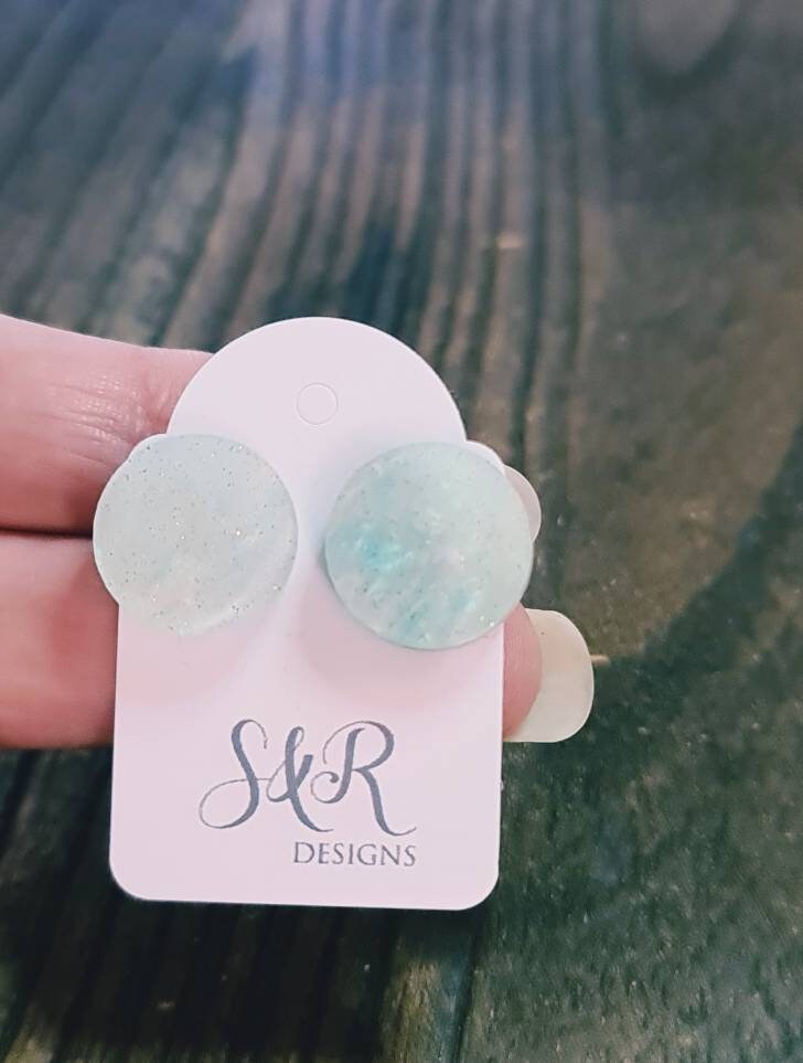Blue Marble Circle Stud Earrings, Acrylic Earrings, Stainless Steel Earrings.