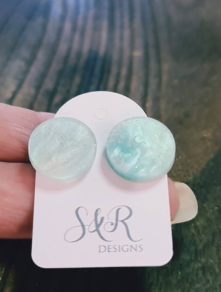 Blue Marble Circle Stud Earrings, Acrylic Earrings, Stainless Steel Earrings.